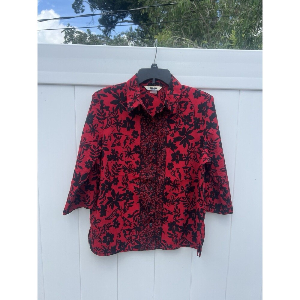 Alia Women's Button Up Crepe Floral 3/4 Sleeve Petite XL Shoulder Pad